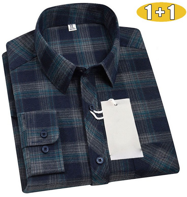 1+1 남성 기본핏 순면 체크 셔츠 간절기 긴팔 셔츠 포켓 디자인 데일리 캐주얼 셔츠