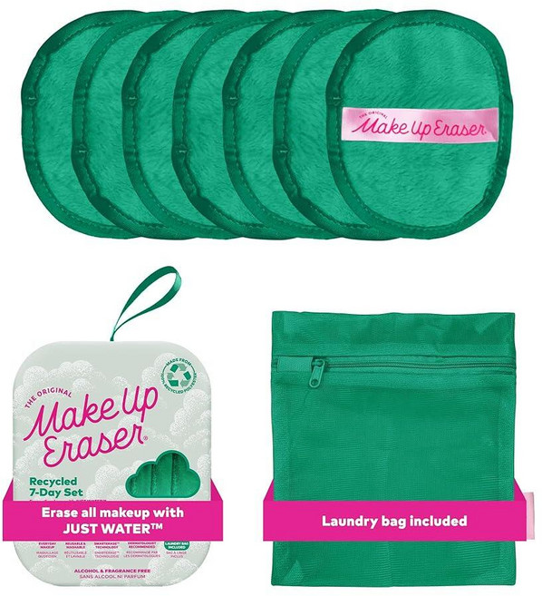 The Original MakeUp Eraser 7일 세트 방수 마스카라 아이라이너 파운데이션 립스틱 자외선 차단제 등을 포함한 물만으로 모든 메이크업을 지울 수 있습, Recycled Green