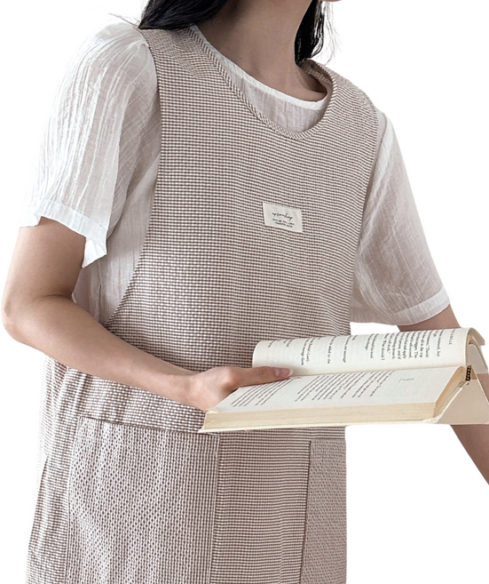 빅사이즈 지지미 체크 앞치마 시원한 여름 리플 예쁜 유치원 어린이집 원피스 단추형 선생님 보육 교사 요양보호사 린다스 에이프런샵, 1개, 빅사이즈 베이지