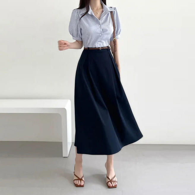 반팔 배색원피스 롱 데일리 아나운서 카라 셔츠 원피스 결혼식 하객룩 벨트원피스