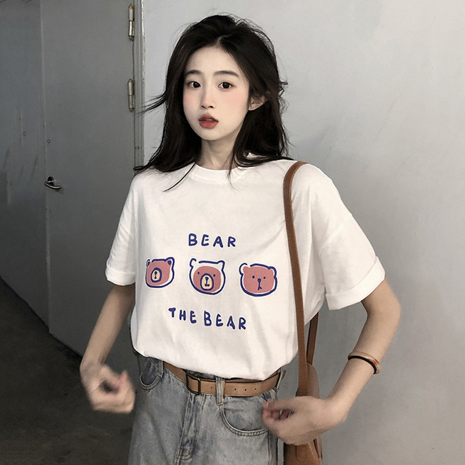 여성 귀여운 베어 프린트 반팔티 데일리 캐주얼 티셔츠