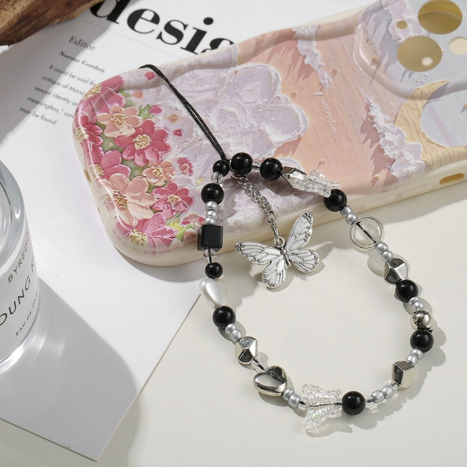 다오니 샵 블링블링 핸드폰 악세사리 핸드폰 비즈 스트랩, 1개, 블랙 나비