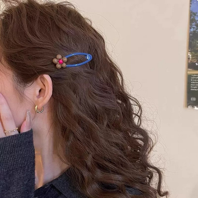 [2개세트] 파스텔 플라워 똑딱이 헤어핀 레드블루 귀여운 꽃 머리핀 앞머리 고정용 데일리 헤어 액세서리 아동용 유아동 플라워 똑딱핀 2P세트 귀여운 어린이 머리핀 학생 데일리