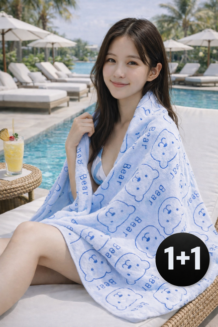 이지몰 곰돌이 비치타월 대형 극세사 타월 수영장 바다 물놀이 수건 1+1, 1세트, 그린+블루