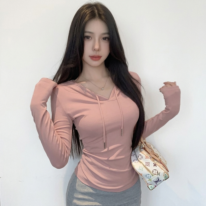 여성 데일리 만능 레이어드 이너 기본 무지 후드티 긴팔 티셔츠