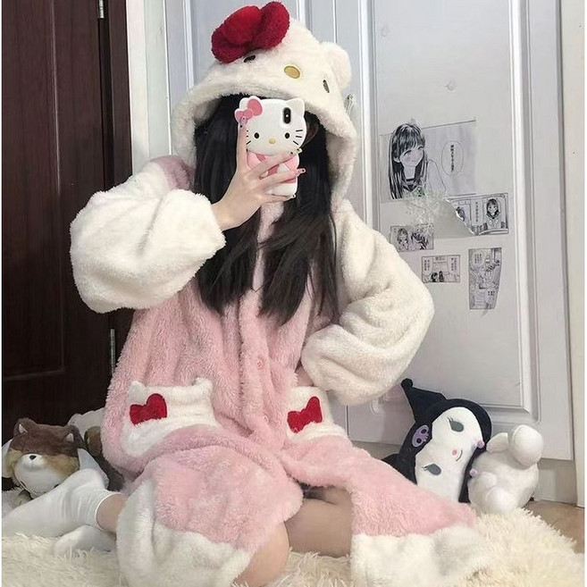 키티 후드 극세사 롱 코트 원피스 잠옷 (핑크) 캐릭터 겨울 코트형 수면 파자마