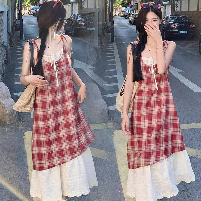 Asure 여름 나시 원피스 레이어드 배색 체크 롱 원피스
