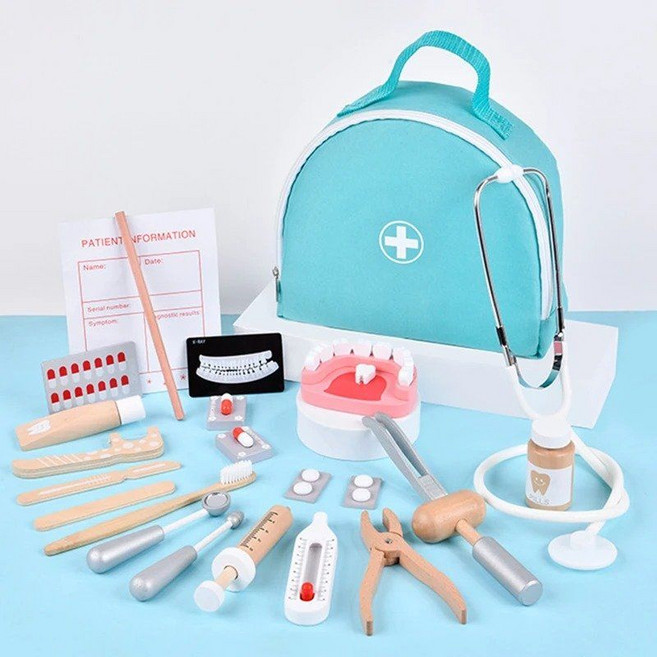 나무 시뮬레이션 치과 놀이 세트 의료 가방 장난감 역할 게임 치아 확인 모델 학습 교육용 선물, Green 20PCS