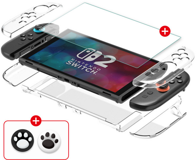 뷰씨 닌텐도 하드 풀커버 케이스 고화질 액정 보호 필름 강화유리 세트, 1세트, 투명, 닌텐도 스위치 2