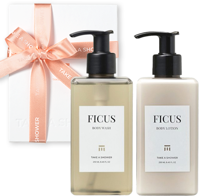테이크어샤워 피쿠스 바디워시 로션 선물세트 고급 기프트박스 리본 어버이날선물 스승의날선물 향좋은 비건, 1세트
