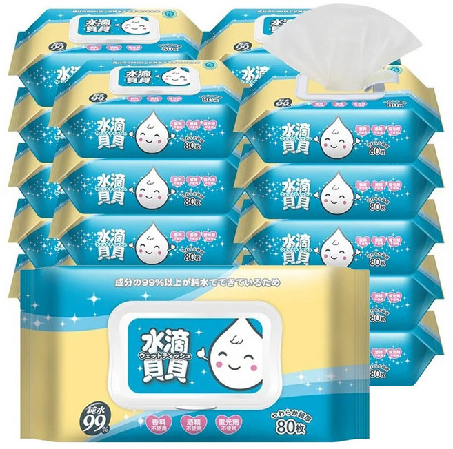水滴貝貝 超厚純水濕巾 掀蓋式, 80張, 24包