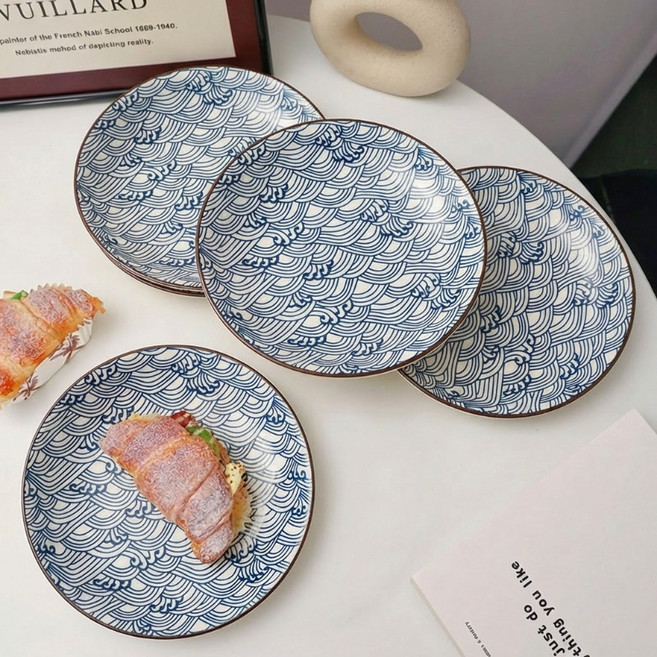 WHH 북유럽 예쁜 접시 세트 도자기 원형 스테이크 접시 홈식기 집들이 선물 20cm, 4개, 블루
