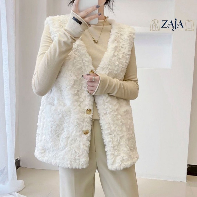 ZAJA 여성 겨울 숏 패딩 조끼 따뜻한 털 포근함 베스트 가디건
