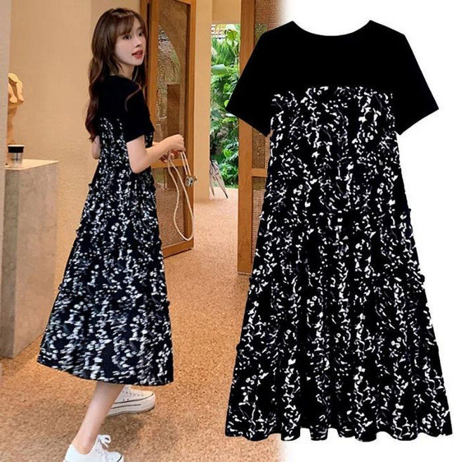 大尺碼 赫本風 拼接碎花 中長裙 短袖連衣裙, 黑色,2XL