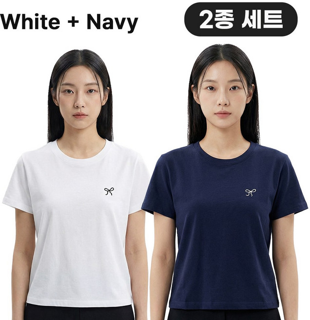 엘바리스 여성 리본 자수 포인트 쫀쫀 스판 슬림핏 반팔 티셔츠 2종 세트