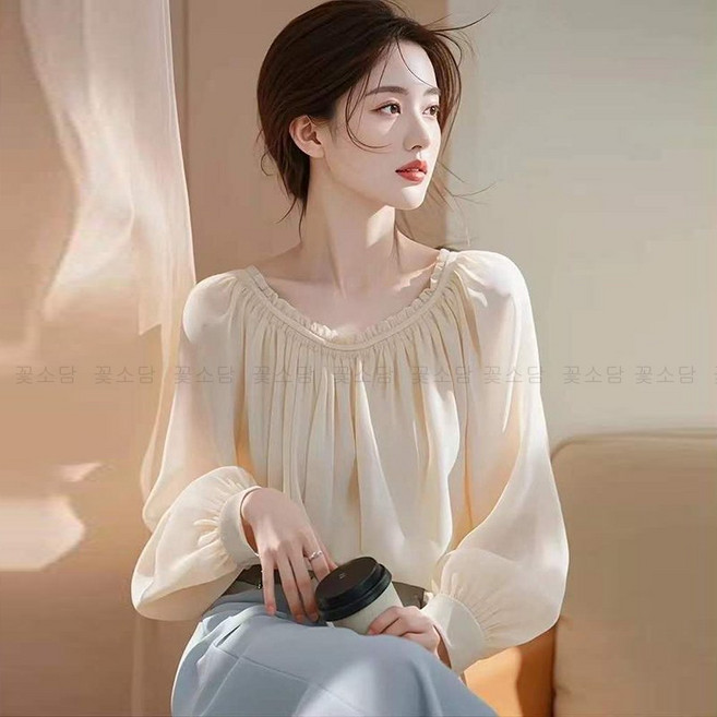 꽃소담 여자 라운드넥 쉬폰 블라우스 찰랑찰랑 시스루 긴팔 티셔츠 MAL67