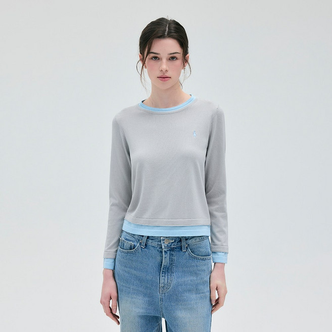 라파클럽 여성 배색 라운드넥 긴팔 니트 스웨터 자수 로고