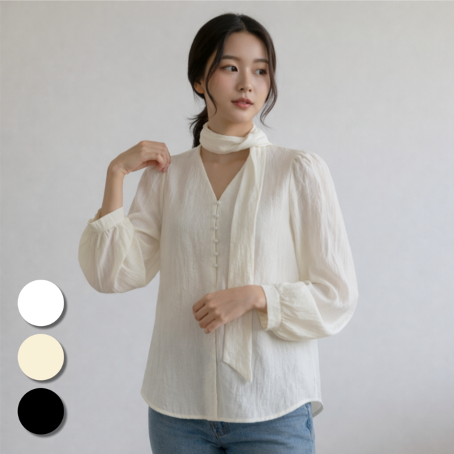 핏몬 여성 링클 진주 브이넥 타이 리본 긴팔 블라우스