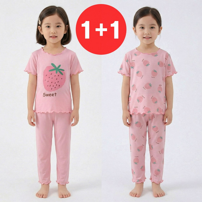 지디오 키즈 여아 여름 잠옷 세트 2개 스판 딸기 프린팅 홈웨어 반팔 긴바지 상하복 파자마