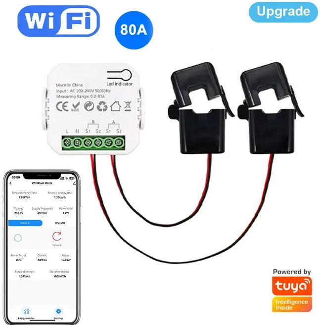 Tuya WIFI 스마트 에너지 미터 생산 소비 모니터링 미터 1/2CT 전기 통계 50/60Hz로 APP 제어, 01 Upgrade WIFI 2CT