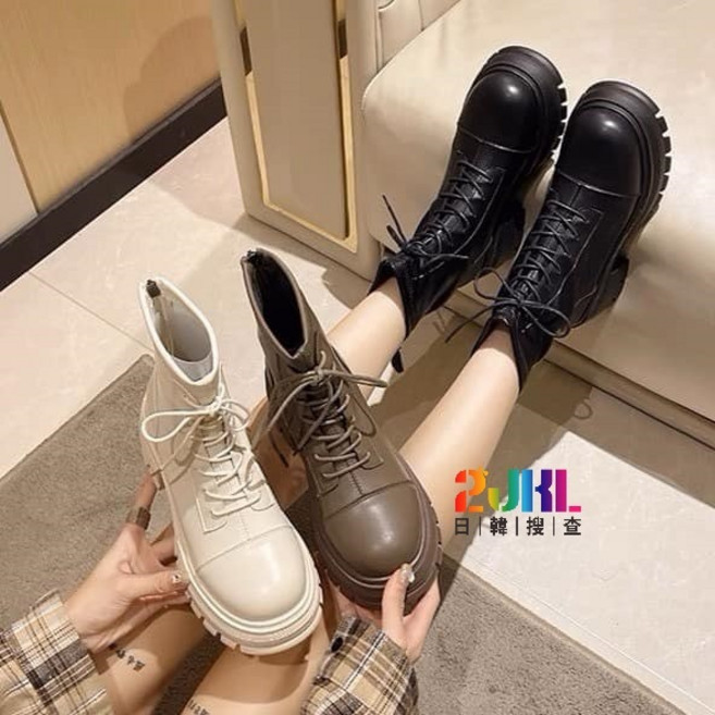 L112232 秋冬新款百搭女靴 厚底鋸齒防滑增高顯瘦綁帶設計 氣質皮革短靴