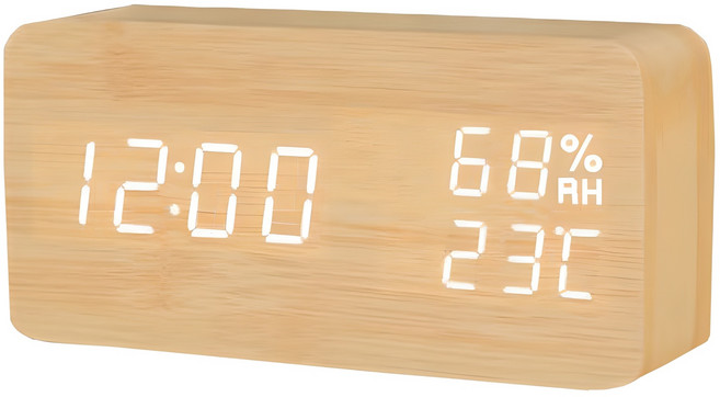 잇츠온 무소음 LED 온습도계 탁상시계, 우드