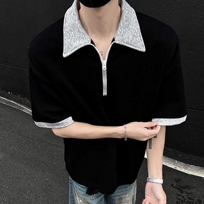 ANYOU 남성용 카라넥 반팔티 여름티 오버핏 빅사이즈 티셔츠