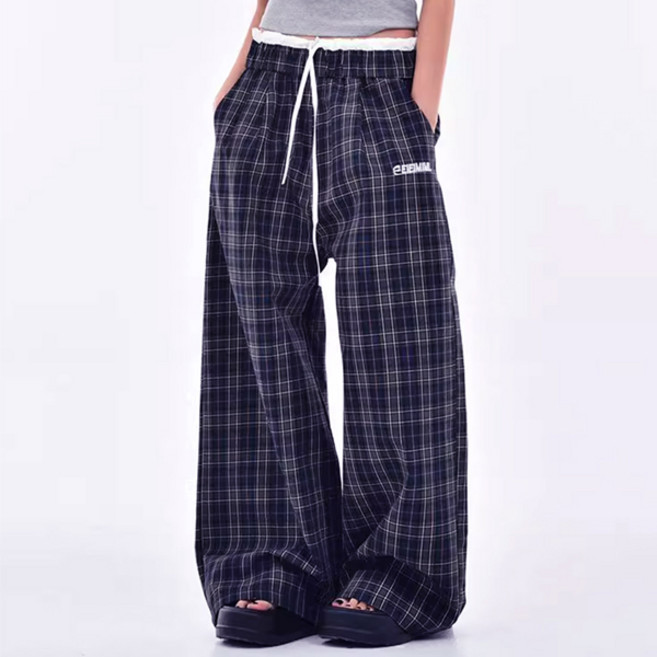나인클로젯 여성 밴딩 와이드 체크 간절기 팬츠 여름 가을 여자 시원한 바지