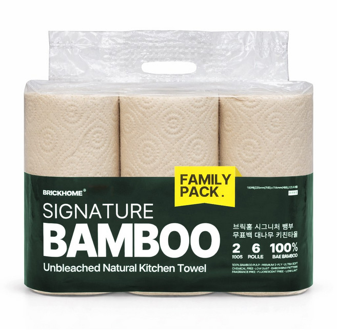 [국내제조] 브릭홈 친환경 무표백 키친타올, 6개, 150매