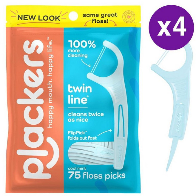 플래커스 트윈 라인 2줄 1회용 치실 75개입 Plackers Twin-Line Dental Flossers Cool Mint, 1개