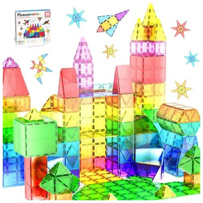 PicassoTiles 60 Piece Set 60pcs Magnetic Building Tiles Clear Magnetic 3D Building Blocks Constructi