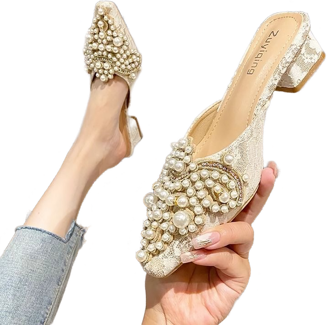 셀럽당 여자 여름 진주 슬리퍼 미들 굽 굵은 굽 샌들