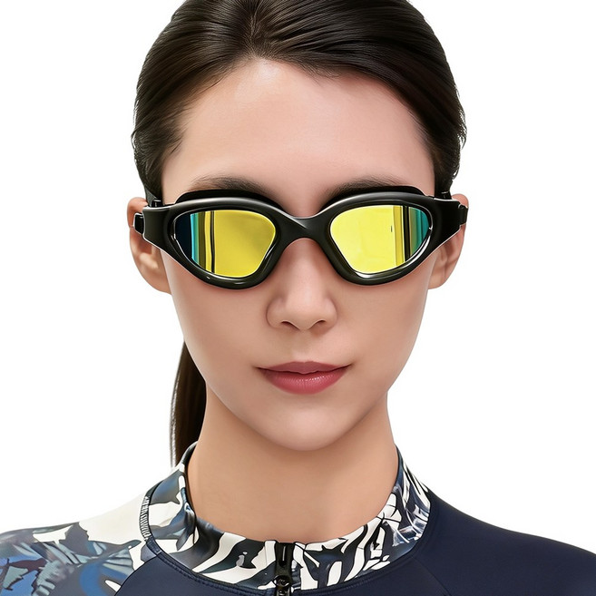 SERMER 와이드 김서림 방지 자외선 차단 수경 고글 물안경 보관케이스 포함, 1개, 블랙 골드코팅