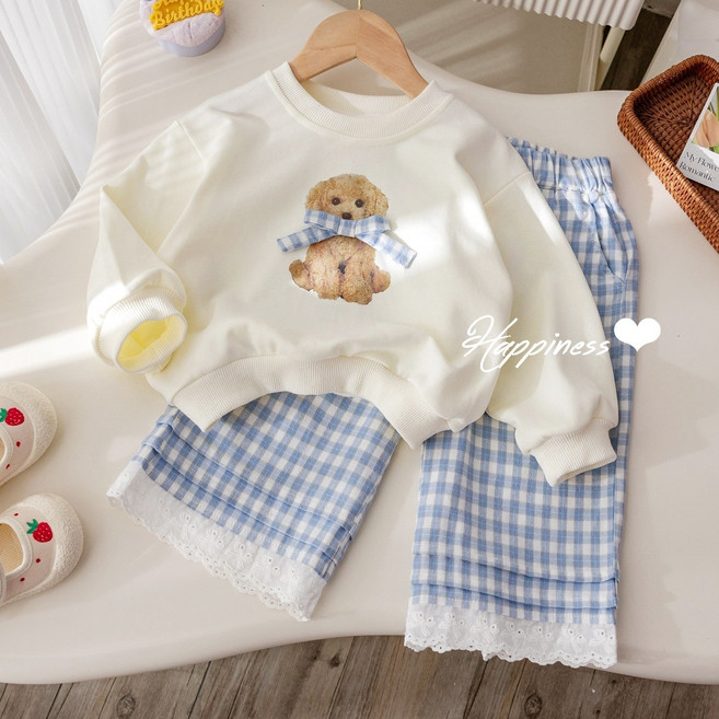 여누키즈 여아 파랑 리본 맨투맨 + 체크 면 팬츠 2종 세트 100~130 봄 가을 상하복 상하세트 운동복 평상복 촬영복 여행룩 선물