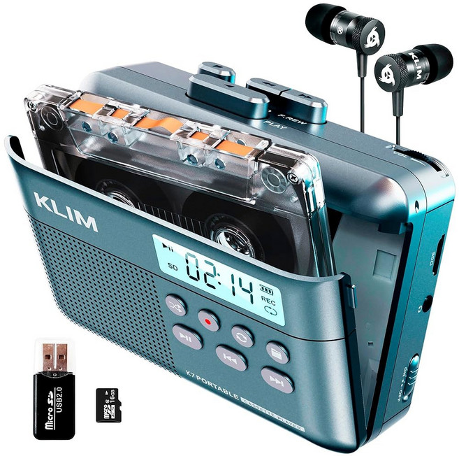KLIM K7 카세트 테이프 플레이어 - 카세트에서 MP3로 변환기 휴대용 내장 마이크 및 스피커 충전식 배터리 이어폰 16GB SD 카드 파란색, KLIM K7 카세트 테이프 플레이어 - MP3 컨버터