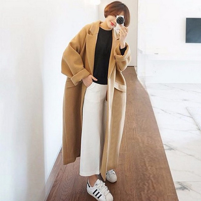 맥시 롱 코트 겨울 모직 여성용 무릎 길이 슈퍼 모조 두껍고 발목 햅번 스타일