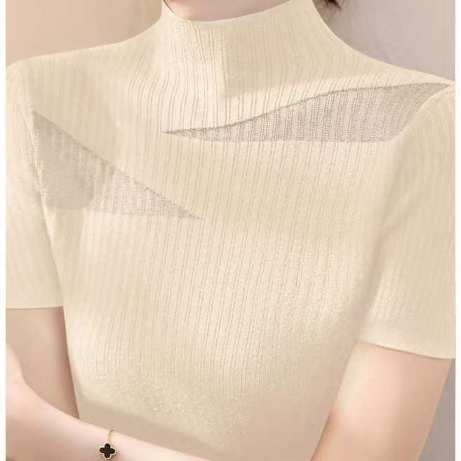 여름 여성 반팔 니트티 데일리 망사 디자인 슬림핏 반팔 반폴라티 캐주얼 여자 니트 목폴라티 반팔티 YJW