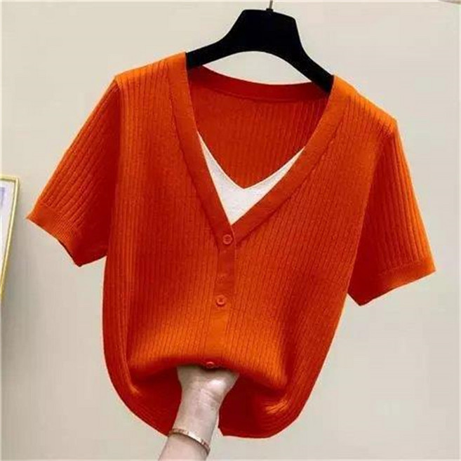 TKX 여성 브이넥 반소매 니트 심플 오픈 버튼 슬림핏 데일리 가볍고 쾌적한 신축성 좋은 이너 상의