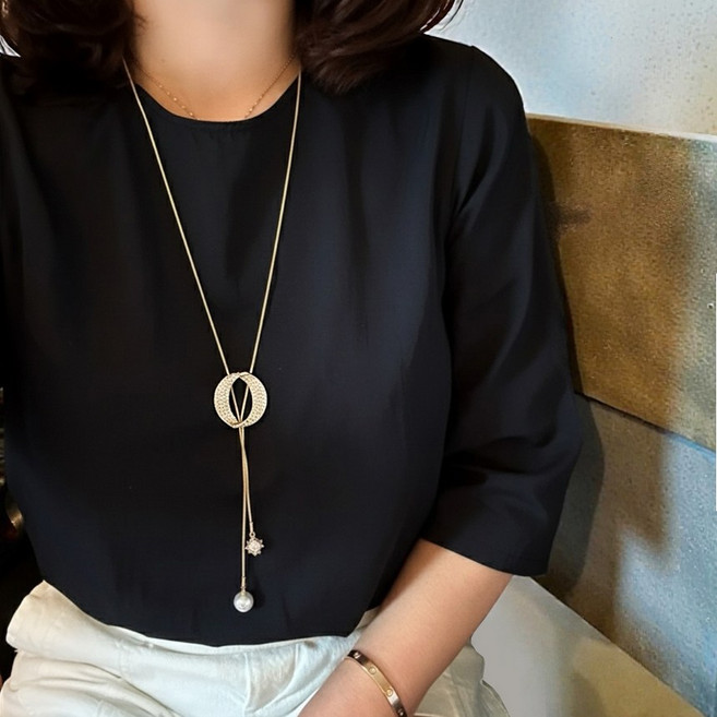 바이진주리본 오로라 진주 큐빅 뱀줄 체인 Y 롱 목걸이 패션 긴목걸이