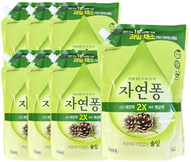 자연퐁 찌든때 걱정없는 솔잎 주방세제 리필 파우치형, 7개, 1.4L