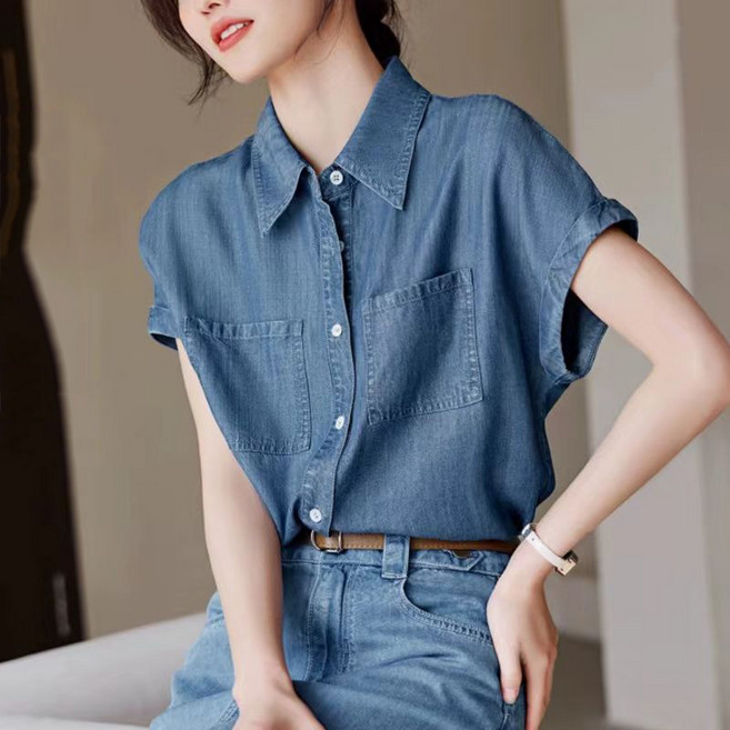 여성 반팔 데님 자켓 캐주얼 봄 여름 청자켓 상의 루즈핏 데님 코트 기질 쿨링 데님 남방 CY