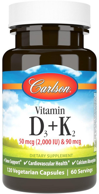 칼슨랩스 비타민 D3 50mcg + K2 90mcg 베지테리안 캡슐, 1개, 120정