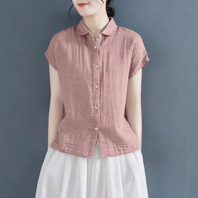 棉麻短袖翻領襯衫 夏季寬鬆顯瘦大碼女裝