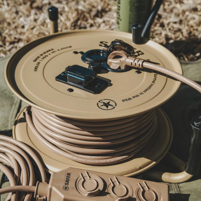 세이퍼 캡형 20m 2구 차단기 릴선 전기 리드선 전기선 작업선 연장선 전선릴, 밀리터리 카키, 1개