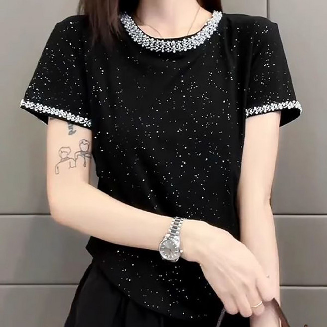 지고다그 여성 반팔티 비즈 디테일 반짝이 포인트 슬림핏 여름 SXA0024