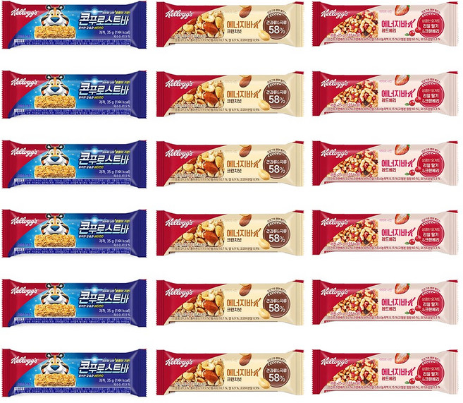 켈로그 콘푸로스트바 35g 6개 + 크런치넛 에너지바 30g 6개+ 레드베리 에너지맛 25g 6개