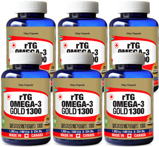 Canada 캐나다정품 통라이프- rTG 알티지 오메가3골드-1300-6개월분-혈행 기억력개선 칼슘과인흡수에도움-6병, 180정, 6개