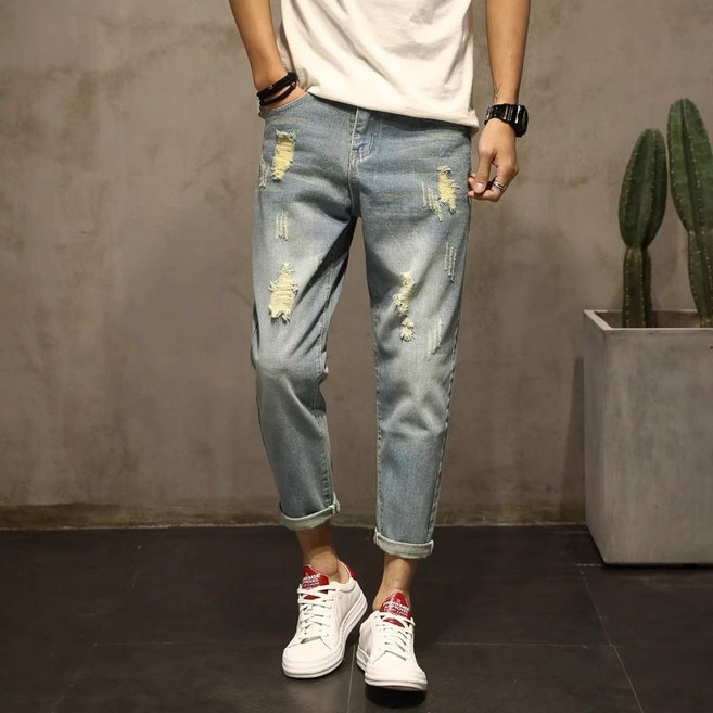 남성 9부 데님 팬츠 슬림핏 여름 데일리 스트리트