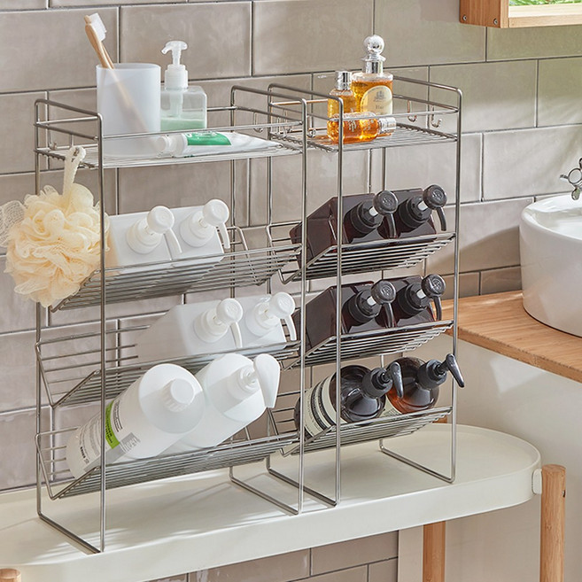 [할인쿠폰]무디타 304 스텐 4단 샴푸랙 욕실 선반 (S L) 무타공 다용도 수납 정리대, 1개