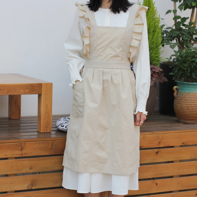 원피스 프릴 앞치마 카페 바리스타 어린이집 린넨 에이프런, 아이보리 앞치마, 1개